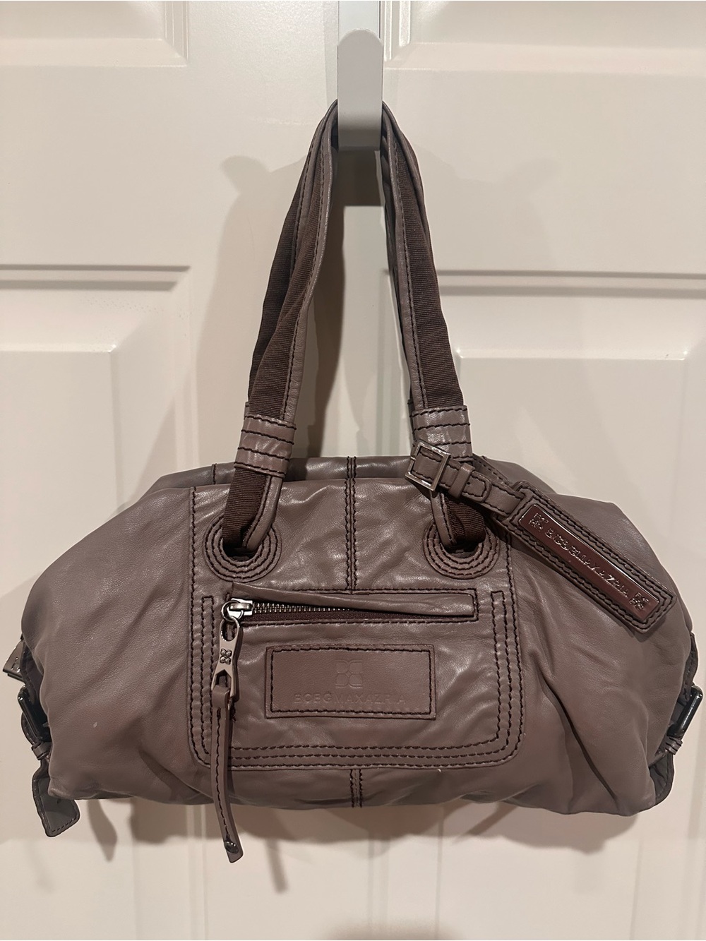 BCBGMAXAZRIA Gray Satchel Top Handle Zip Silver Hardware Side Buckles